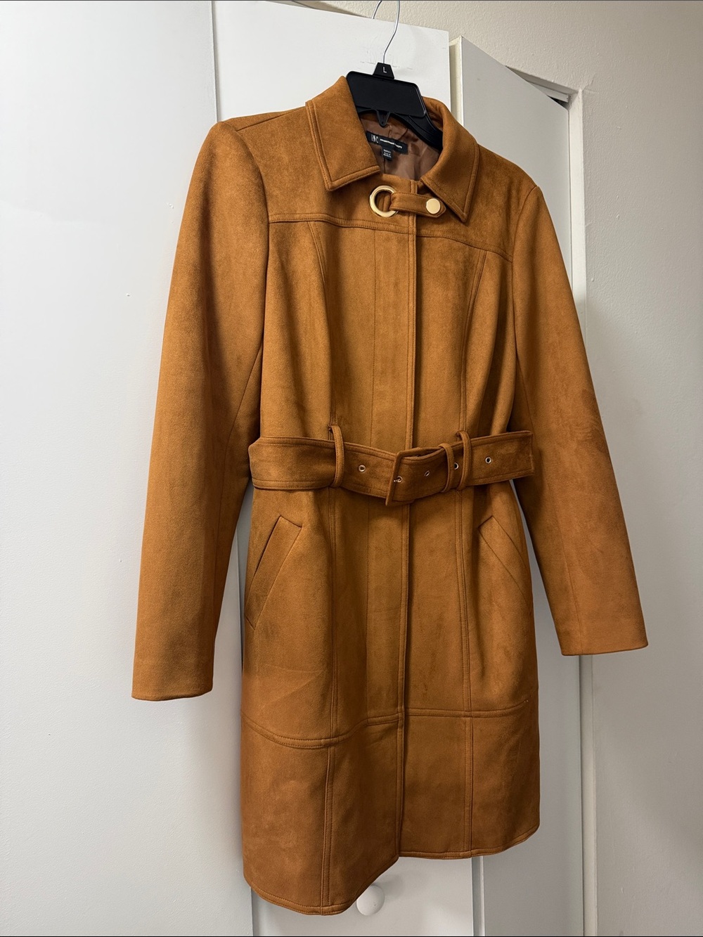 INC International Concepts Cognac Suede-Look Belted Trench Coat